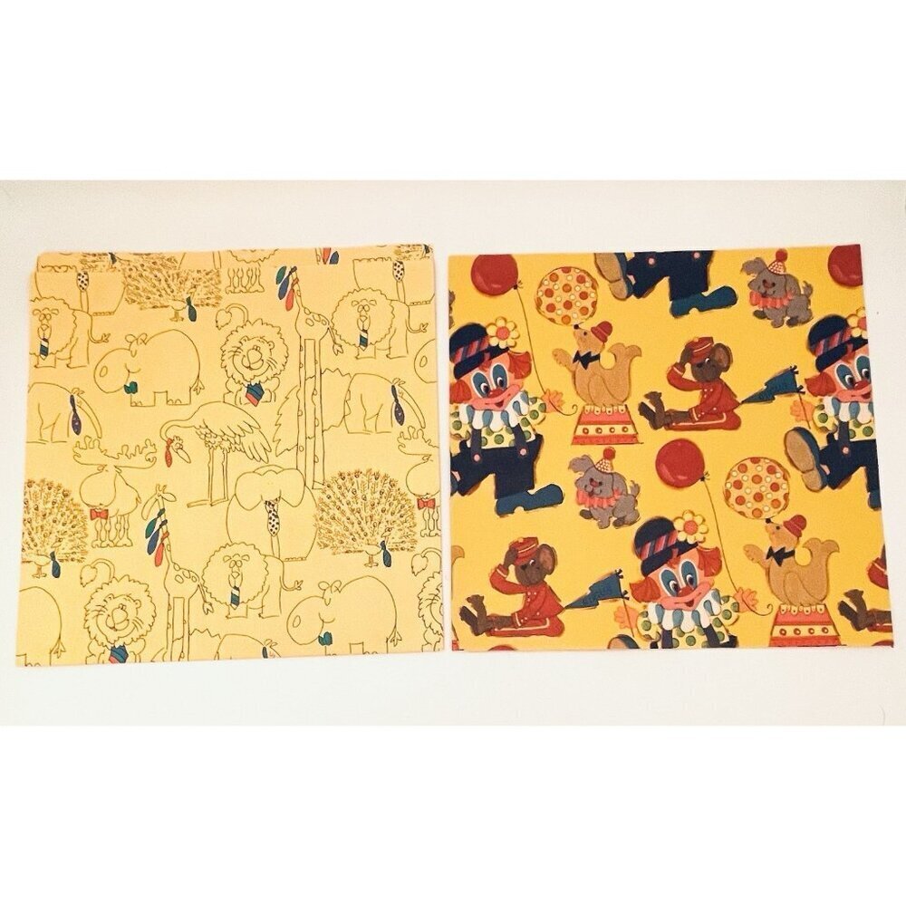 Vintage Gift Wrap Circus Clowns & Animals in Ties Yellow 80s Moose Peacock Paper